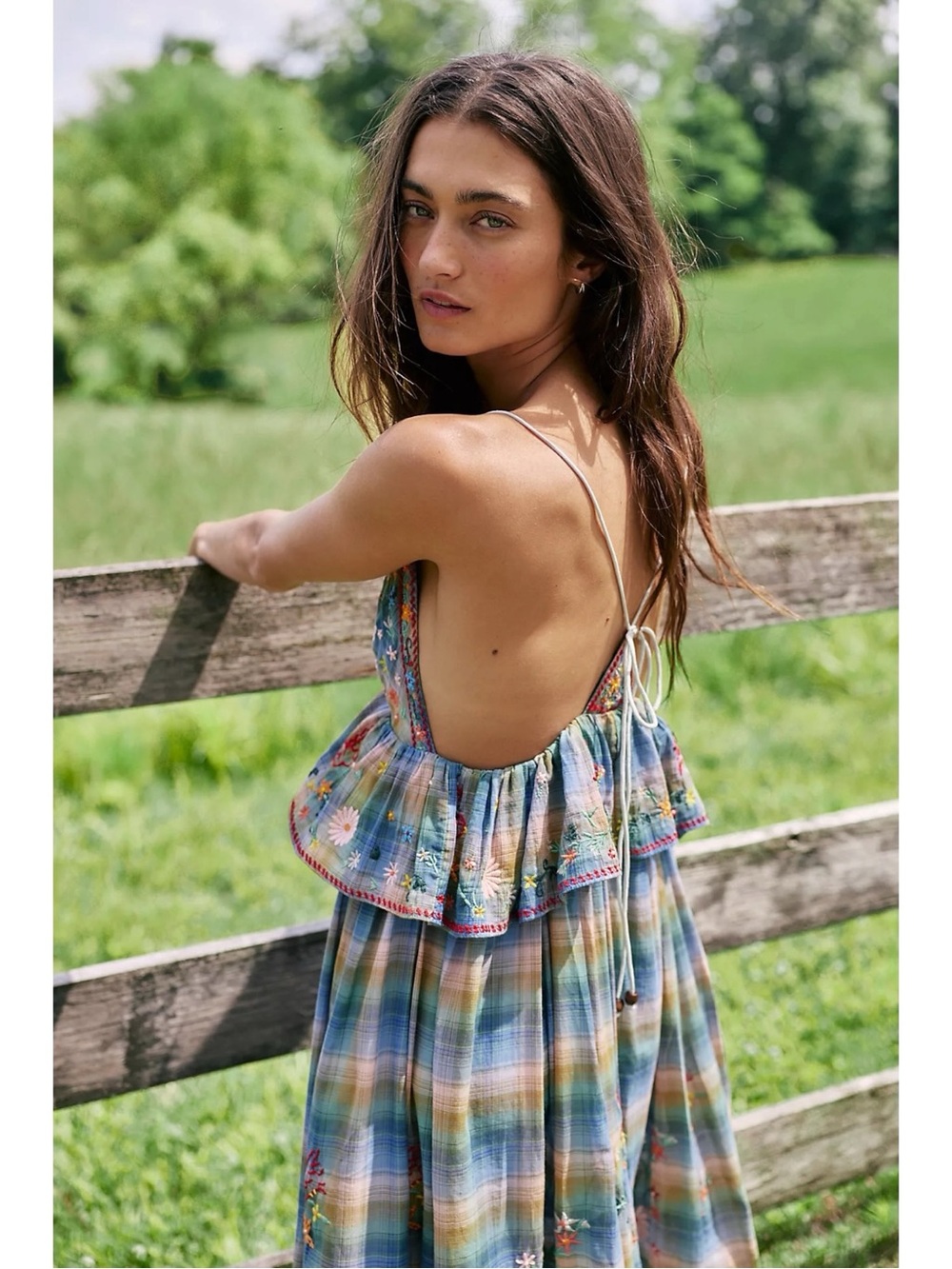 Free People Bohemian 70s Embroidered Plaid Songs Of Summer Maxi Dress Large NWT - Picture 6 of 16